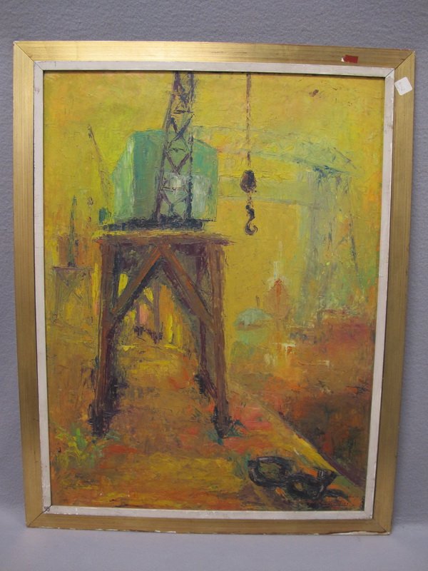 Old oil on masonite port painting: Old oil on masonite port painting, signed: Maritza Stavrinakis, Argentinian artist and dated 1976. 35 1/2" H x 27 3/4” W including frame. Shipping in USA is $ 70.00. USA or International bidders ask