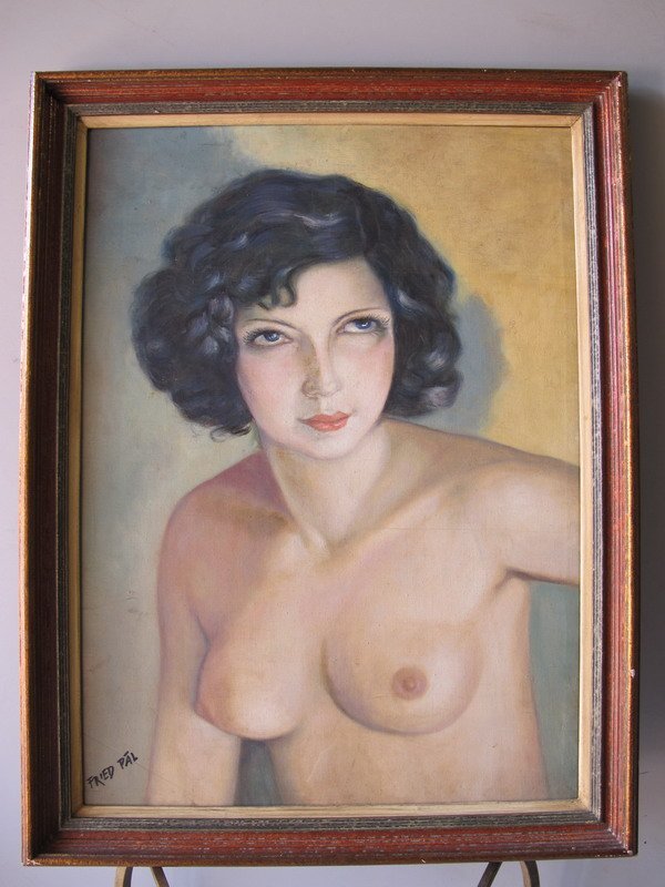 Old oil on canvas nude painting: Old oil on canvas nude painting, signed: Fried Pal. 31 1/2" H x 24” W including frame. Shipping in USA is $ 50.00. USA or International bidders ask for shipping before bid.