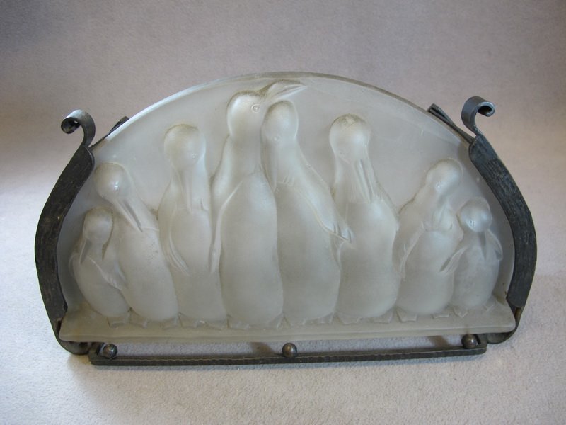 Antique Art Deco French iron & glass wall lamp: Antique Art Deco French iron & glass wall lamp. 7 1/2" H x 13 1/4” W. Shipping in USA is $ 45.00. International bidders ask for shipping before bid.