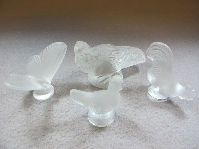 Bird, rooster, butterfly & chicken glass figures: Bird, rooster, butterfly & chicken glass figures, unsigned. Bird: 2 1/2" H x 3 7/8” W x 1 7/8” D, Rooster: 2 11/16” H x 2 3/4” W x 1 1/2” D, Chicken: 2 1/4” H x 2” W x 1 3/8” D and But