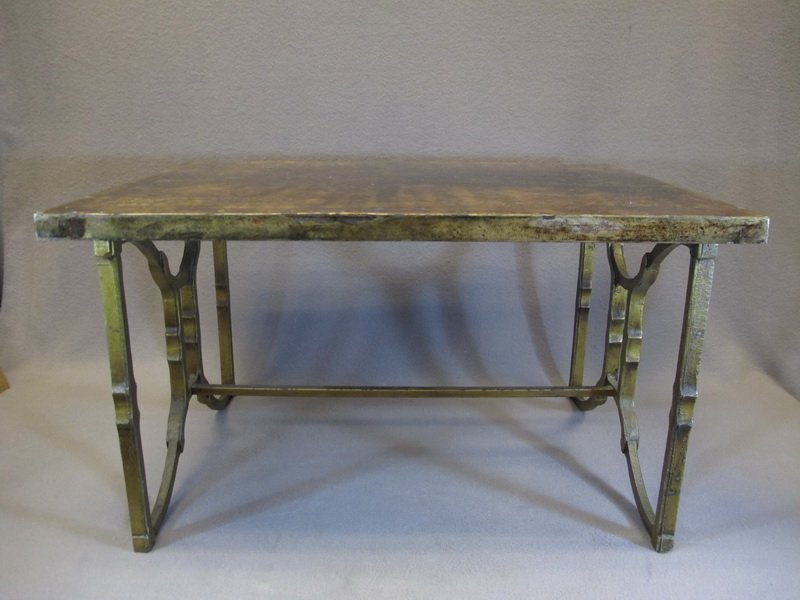 ALDO TURA Lacquered on goatskin side table on metal: ALDO TURA Lacquered on goatskin side table on metal base. 16” H x 28” W x 20” W. Shipping in USA is $ 130.00. International bidders ask for shipping before bid.