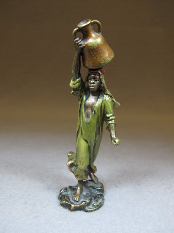 Franz BERGMAN (1898-1963) Vienna bronze watergirl sculp: Franz BERGMAN (1898-1963) Vienna bronze watergirl sculpture, signed, original painting. 4 3/8” H. Shipping in USA is $ 10.00 plus insurance. International bidders ask for shipping before bid.