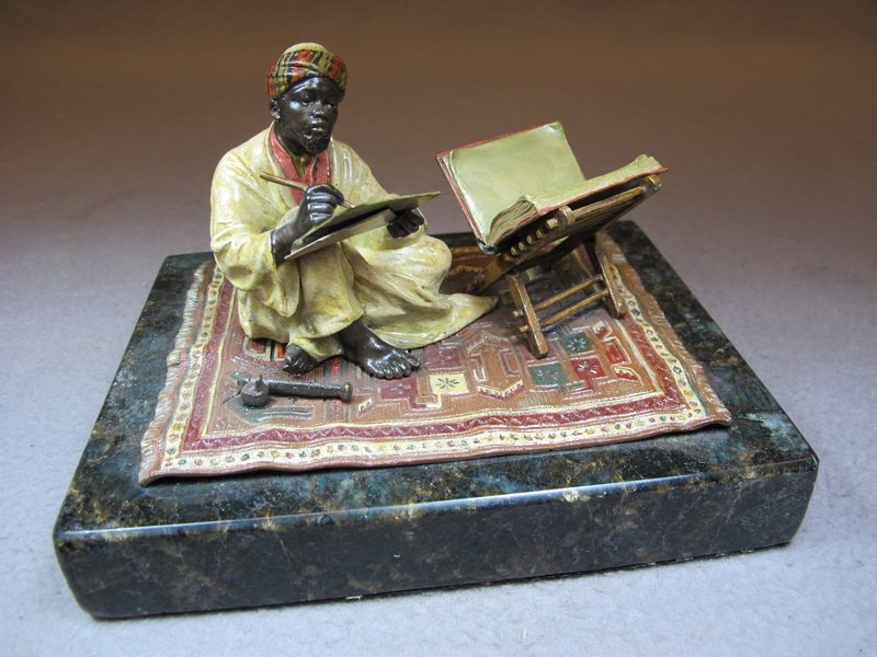 Franz BERGMAN (1898-1963) Vienna bronze man writing scu: Franz BERGMAN (1898-1963) Vienna bronze man writing sculpture with a marble base, signed, original painting. 3 1/4” H x 5 3/4” W x 4” D without base. Shipping in USA is $ 15.00 plus insurance. I