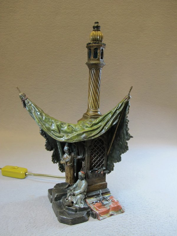 Franz BERGMAN (1898-1963) Orientalist Vienna bronze lam: Franz BERGMAN (1898-1963) Orientalist Vienna bronze lamp, signed, original painting. 13 1/2” H. Shipping in USA is $ 35.00 plus insurance. International bidders ask for shipping before bid.