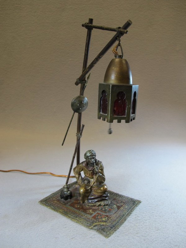Franz BERGMAN (1898-1963) Orientalist Vienna bronze lam: Franz BERGMAN (1898-1963) Orientalist Vienna bronze lamp, signed, original painting. 14 1/4” H. Shipping in USA is $ 40.00 plus insurance. International bidders ask for shipping before bid.