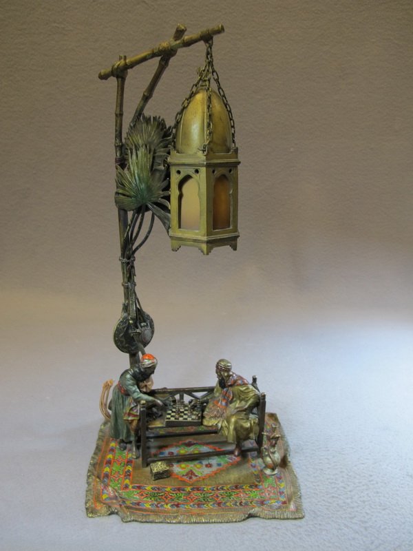 Franz BERGMAN (1898-1963) Orientalist Vienna bronze lam: Franz BERGMAN (1898-1963) Orientalist Vienna bronze lamp, signed, original painting. 17 1/4” H. Shipping in USA is $ 50.00 plus insurance. International bidders ask for shipping before bid.