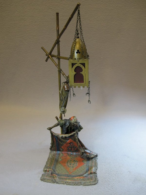 Franz BERGMAN (1898-1963) Orientalist Vienna bronze lam: Franz BERGMAN (1898-1963) Orientalist Vienna bronze lamp, signed, original painting. 21” H. Shipping in USA is $ 55.00 plus insurance. International bidders ask for shipping before bid.