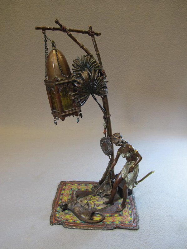 Anton CHOTKA (1875-1925) Orientalist Vienna bronze lamp: Anton CHOTKA (1875-1925) Orientalist Vienna bronze lamp, signed, original painting. 16 1/2” H. Shipping in USA is $ 45.00 plus insurance. International bidders ask for shipping before bid.