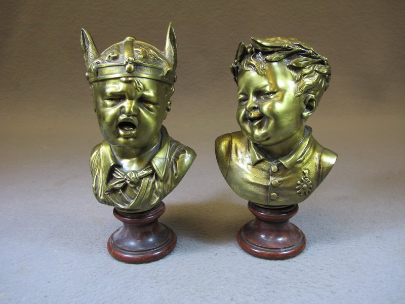 Antique pair of French busts, Susse Fres: Antique pair of French busts with a marble base, Susse Fres Foundry. 7 3/8” H including base. Shipping in USA is $ 45.00. International bidders ask for shipping before bid.