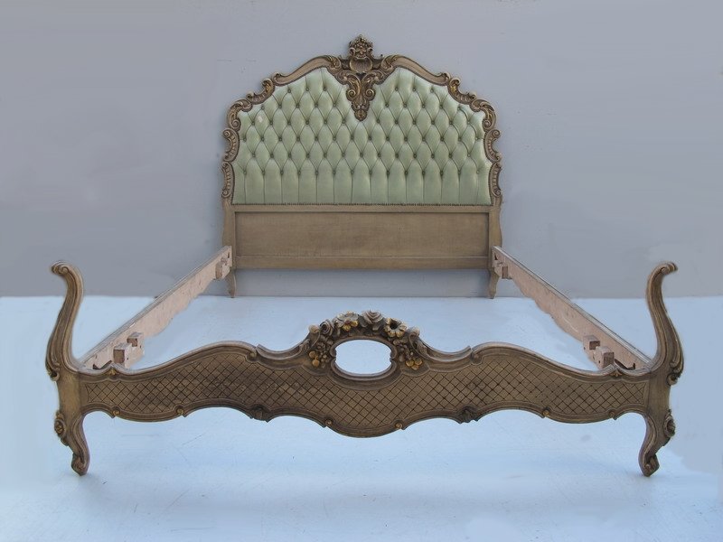 Antique French Luis XV patinated full bed: Antique French Luis XV patinated full bed, footboard, headboard and rails. 60” H x 63” W x 81” D external, 58” W x 76” D internal. Shipping in USA is $ 345.00. International bidders ask for
