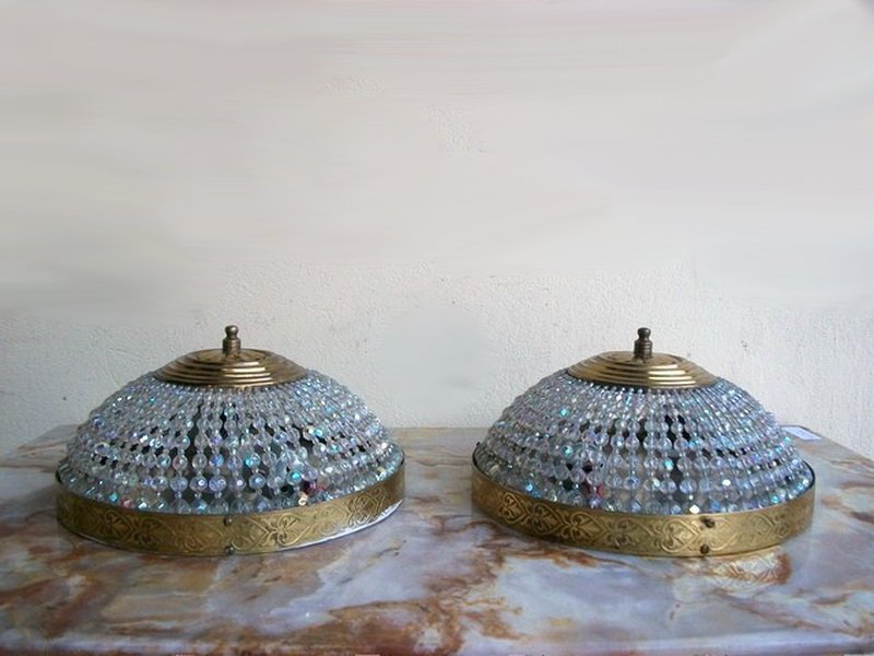 Antique pair of French bronze & glass ceiling lights: Antique pair of French bronze & glass ceiling lights. 4 1/2" H x 9 1/2” W. Shipping in USA is $ 45.00. International bidders ask for shipping before bid.