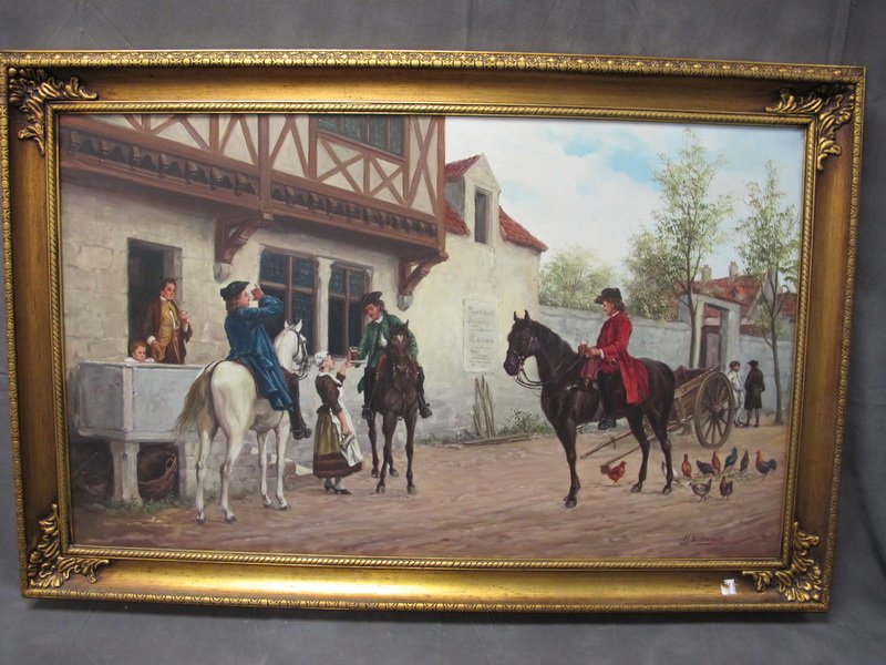Old European oil on canvas painting, H. Wilkinsons: Old European oil on canvas painting, signed: H. Wilkinsons. 30 1/4” H x 46” W. Shipping in USA is $ 120.00. USA or International bidders ask for shipping before bid.