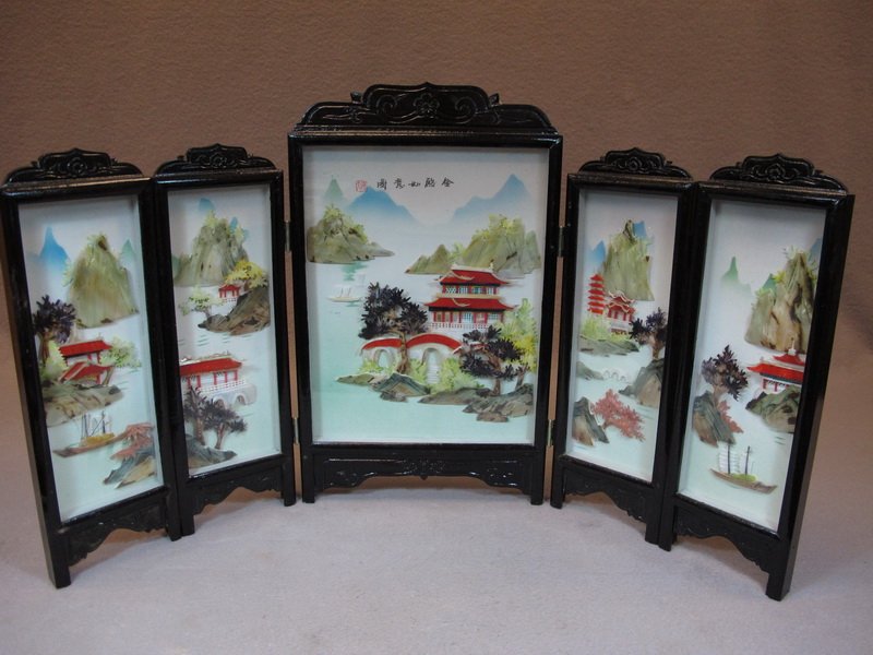 Chinese porcelain & hard stone folding screen: Chinese porcelain & hard stone folding screen. 14 3/4” H x 26” W opened. Shipping in USA is $ 40.00. USA or International bidders ask for shipping before bid.