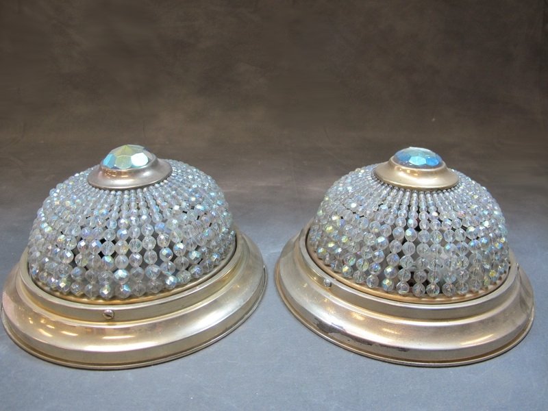 Old pair of bronze & glass ceiling lights: Old pair of bronze & iridescent glass ceiling lights. 5” H x 9” W. Shipping in USA is $ 40.00. International bidders ask for shipping before bid.