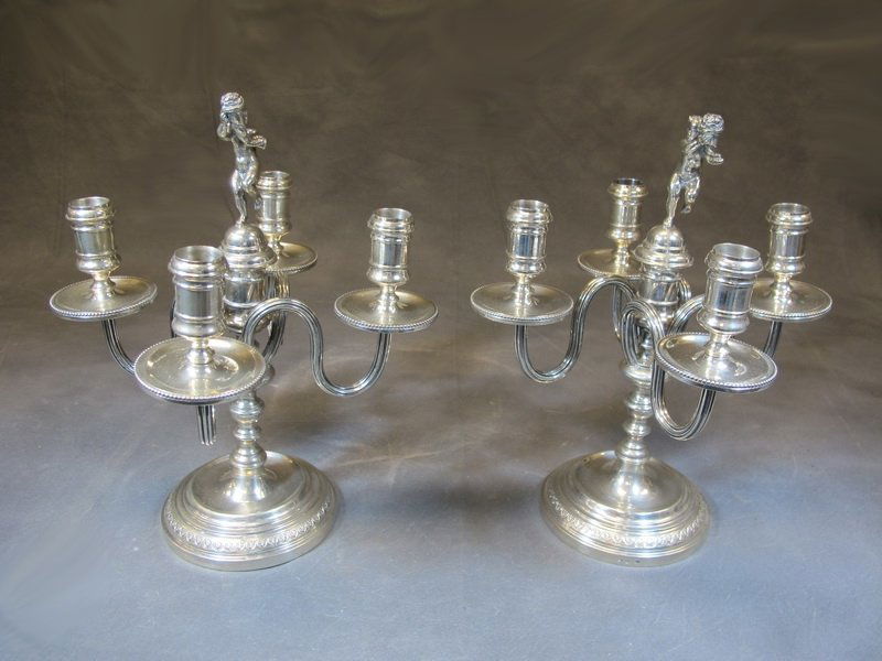 Antique pair of Italian 800 silver candelabras: Antique pair of Italian 800 silver candelabras, marked. 10” H. Weight: 876 grams ( 28t oz 3.28 dwt ). Shipping in USA is $ 45.00. International bidders ask for shipping before bid.