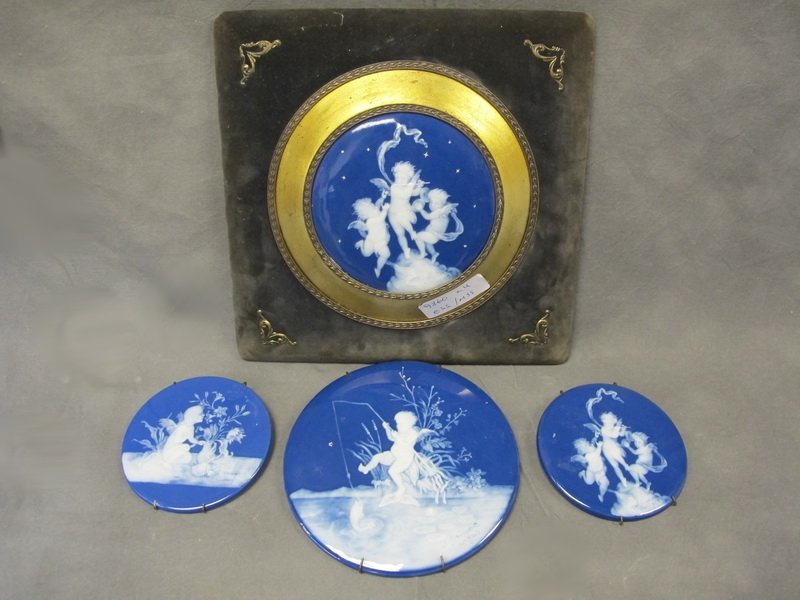 Antique Limoges set of porcelain plaques: Antique Limoges set of porcelain plaques, signed. Framed plaque: 10” H x 10” W, big: 6 1/8” diameter, 2 smalls: 4 1/8” diameter. Shipping in USA is $ 45.00. International bidders ask for shipp