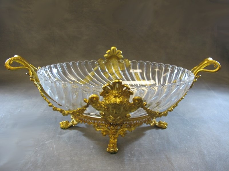 Old European gilt bronze & glass centerpiece: Old European gilt bronze & glass centerpiece. 7 1/2” H x 18 3/4” W x 11 1/2” D. Shipping in USA is $ 55.00. International bidders ask for shipping before bid.