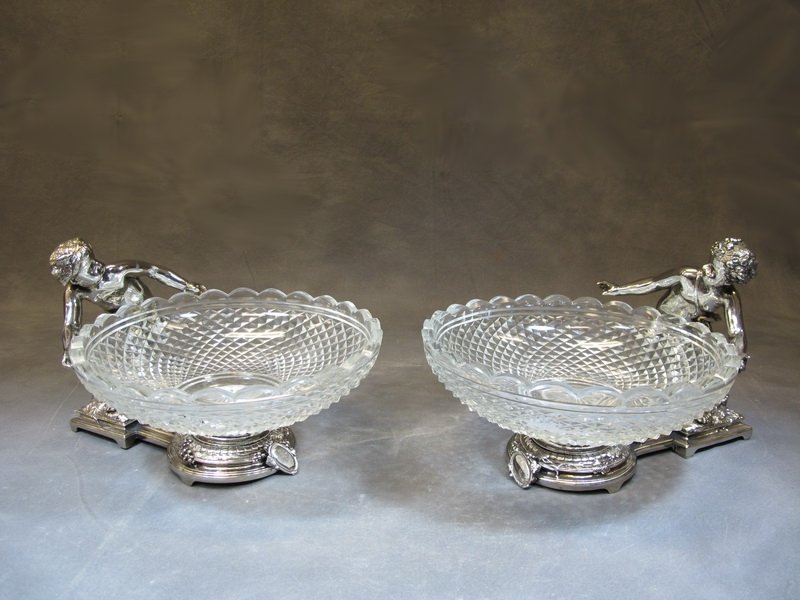 Baccarat style pair of bronze silverplated fruit stands: Baccarat style pair of bronze silverplated & glass fruit stands. 7 3/8” H x 11 1/4” W x 9 3/4” D. Shipping in USA is $ 60.00. International bidders ask for shipping before bid.