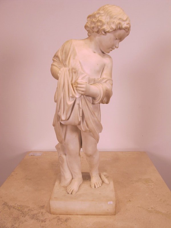 Fernand VERHAEGEN (1883-1975) marble statue: Fernand VERHAEGEN (1883-1975) marble statue, signed and titled: “Boy Gathering Little Fish”. 27 1/2" H. Shipping in USA is $ 190.00. International bidders ask for shipping before bid.