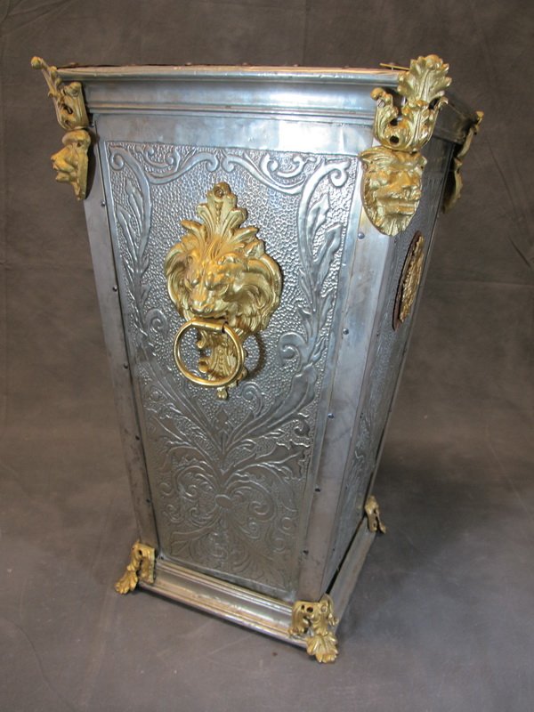 Antique metal & bronze umbrella stand: Antique metal & bronze umbrella stand. 22 1/4" H x 13” W. Shipping in USA is $ 75.00. International bidders ask for shipping before bid.