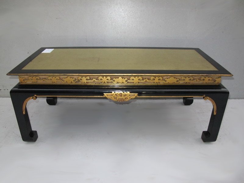 Antique Chinese gilt & lacquer coffee table: Antique Chinese gilt & lacquer coffee table with a top mirror. 15" H x 38 3/4” W x 17 1/2” D. Shipping in USA is $ 135.00. International bidders ask for shipping before bid.