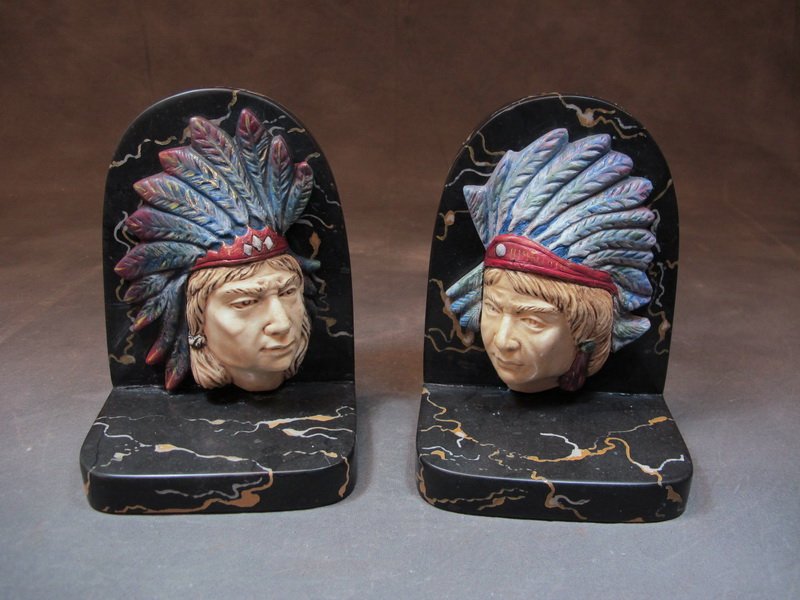 Pair of Art Deco marble Indians bookends: Pair of Art Deco Iv. & marble Indians bookends. 6” H x 4 3/8” W x 3 3/8” D. Shipping in USA is $ 35.00. We don’t ship this item to out of USA