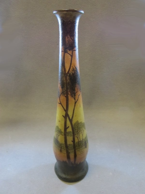 French antique painted glass flower vase: French antique painted glass flower vase. 16" H. Shipping in USA is $ 55.00. International bidders ask before bid.