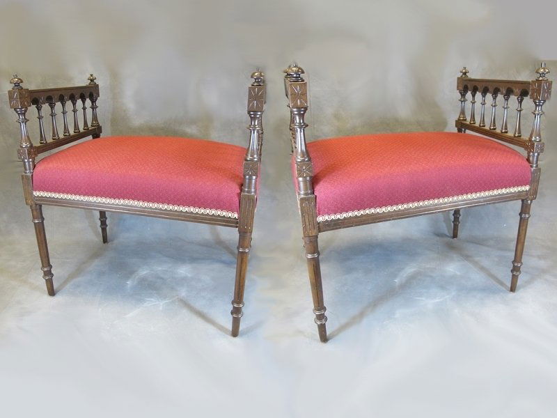 Old pair of English benchs with new upholstery: Old pair of English benchs with new upholstery. 25 1/2” H x 23” W x 16” D, 17 3/8” H seat. Shipping in USA is $ 195.00. USA or International bidders ask for shipping before bid.