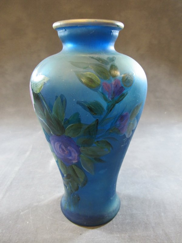 Old hand painted blue opaline glass vase: Old hand painted blue opaline glass vase. 13 1/4" H. Shipping in USA is $ 40.00. International bidders ask for shipping before bid.