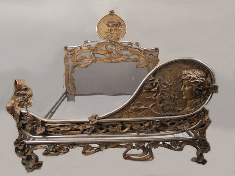 Amazing Art Nouveau bronze bed, signed: Amazing Art Nouveau bronze bed, signed. 67 1/2" H ( headboard) x 66” W x 81” D external. Shipping in USA is $ 450.00. International bidders ask before bid.