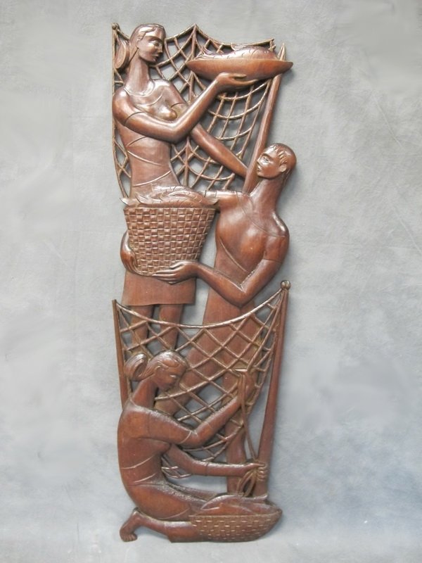 Old Art deco carved wood plaque: Old Art deco carved wood plaque. 35 1/2" H x 12â€ W. Shipping in USA is $ 55.00. International bidders ask for shipping before bid.