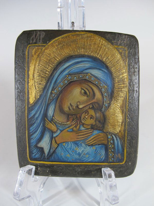 Probably Russian antique icon: Probably Russian antique icon, signed. 4 1/8â€ H x 3 1/2â€ W. Shipping in USA is $ 15.00. International bidders ask for shipping before bid.