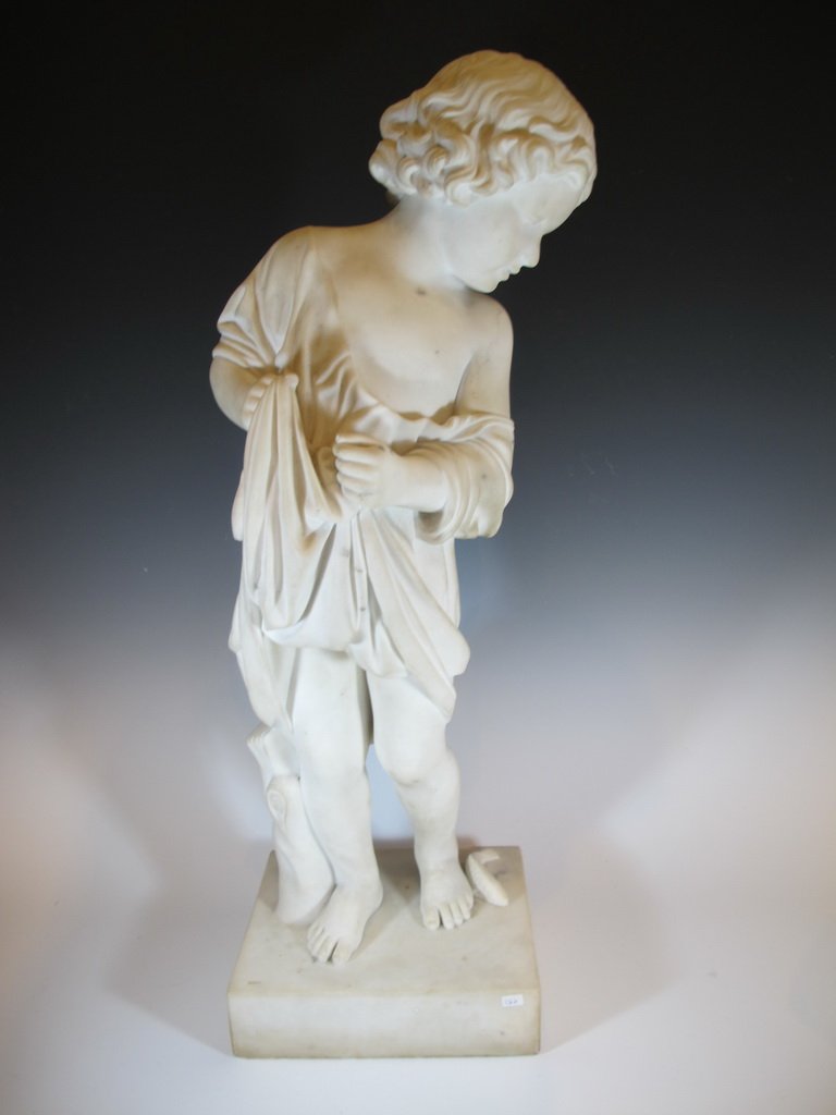 Fernand VERHAEGEN (1883-1975) marble statue: Fernand VERHAEGEN (1883-1975) marble statue, signed and titled: “Boy Gathering Little Fish”. 27 1/2" H. Shipping in USA is $ 140.00. International bidders ask for shipping before bid.