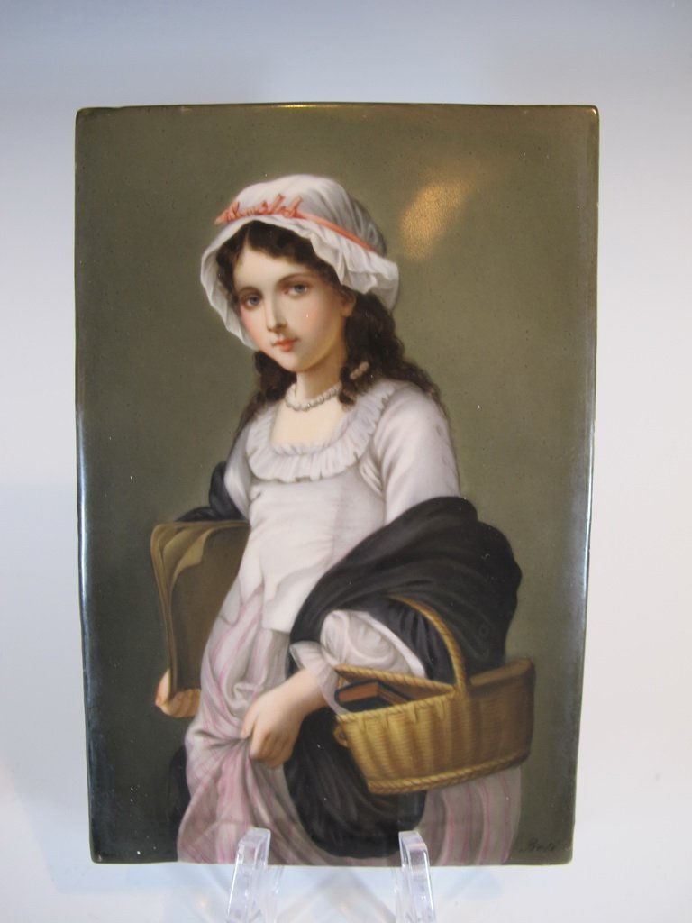 Antique KPM style German porcelain plaque: Antique KPM style German porcelain plaque. 8 1/2” H x 5 1/2” W. Shipping in USA is $ 35.00. International bidders ask for shipping before bid.