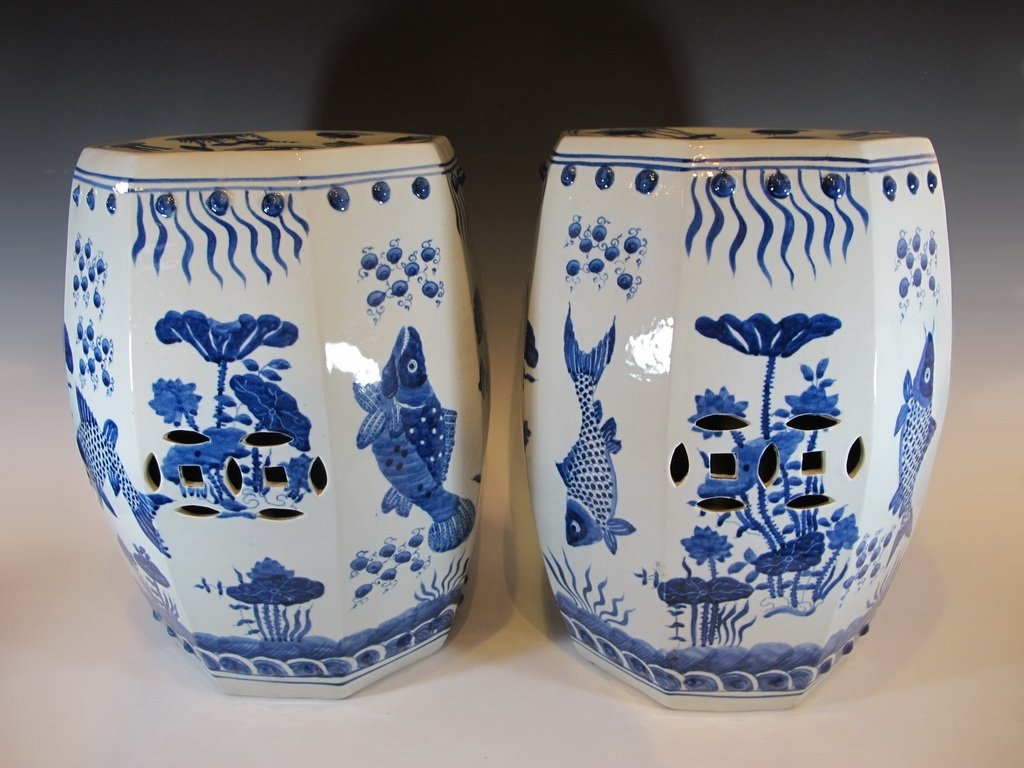 Antique pair of Chinese porcelain stools: Antique pair of Chinese porcelain stools. 17 1/4” H x 12 1/2” W. Shipping in USA is $ 140.00. International bidders ask before bid.