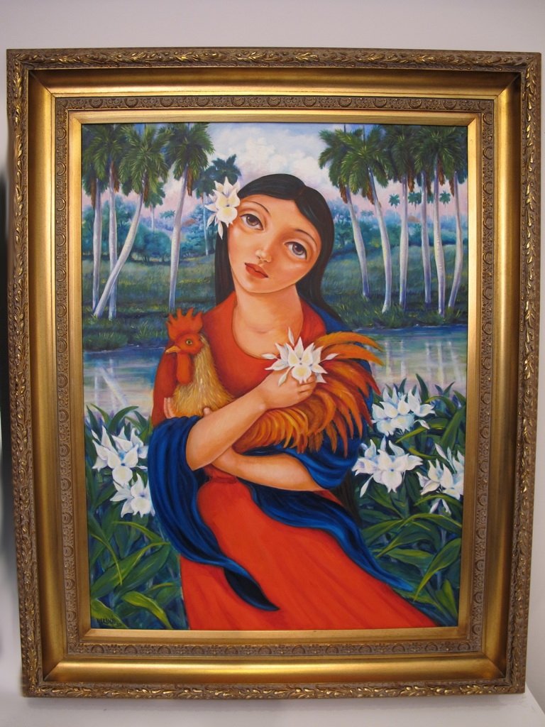O NARANJO, Cuban artist painting: O NARANJO, Cuban artist painting, signed with certificate. 51” H x 40 3/4” W framed. Shipping in USA is $ 160.00. USA or International bidders ask for shipping before bid.