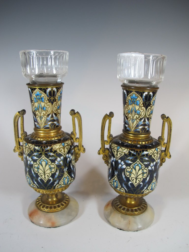 Antique French pair of bronze champleve urns: Antique French pair of bronze champleve urns with an onyx base. 6 1/2" H including base. Shipping in USA is $ 30.00. International bidders ask for shipping before bid.