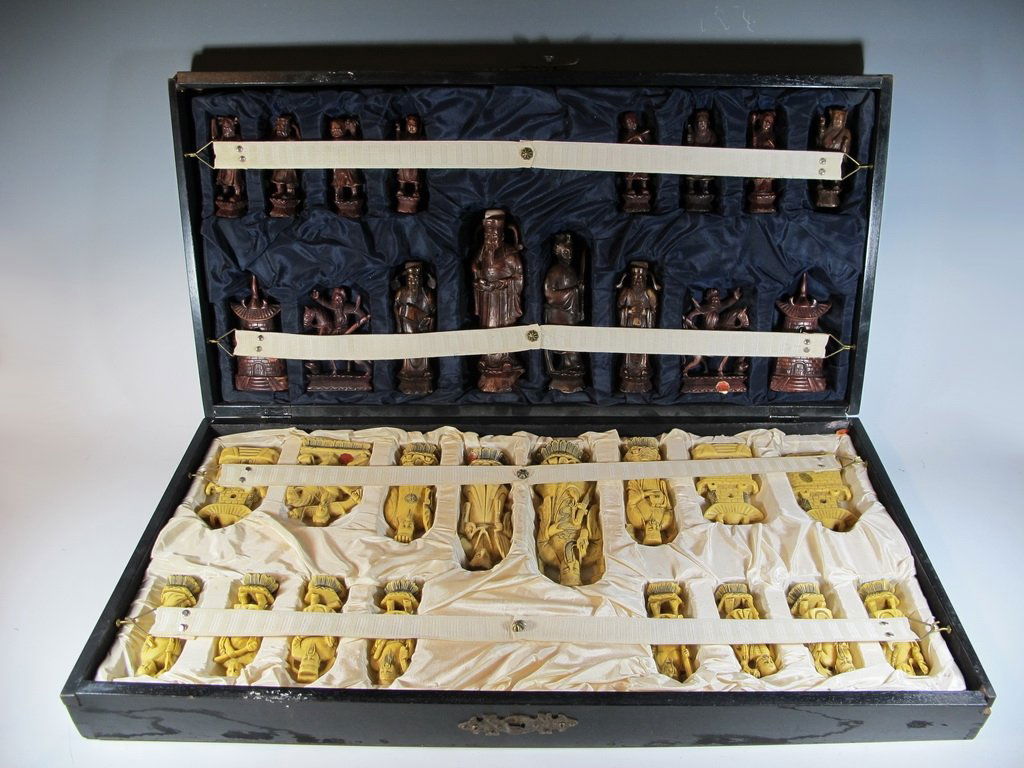 Vintage Asian resin chess set in a box: Vintage Asian resin chess set in a box. Box: 4 1/8" H x 25 1/2” W x 12 7/8” D, King: 6 3/4” H. Shipping in USA is $ 45.00. International bidders ask for shipping before bid.