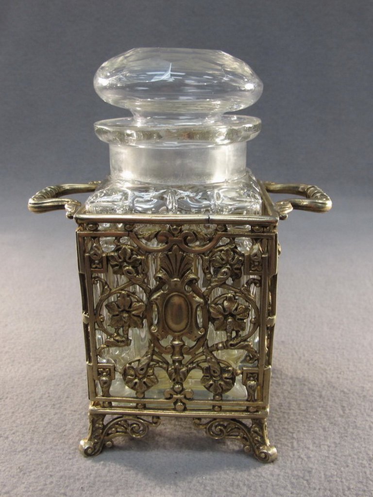 English Pleasance & Harper metal & glass bottle: English Pleasance & Harper metal & glass bottle, marked: Pleasance & Harper Bristol. 6 3/4" H. Shipping in USA is $ 25.00. USA or International bidders ask for shipping before bid.
