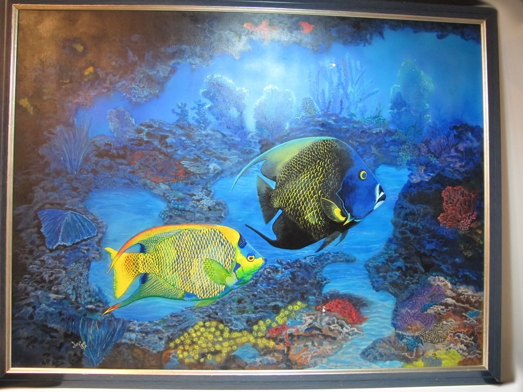 Jorge LOPEZ, Cuban artist fish painting: Jorge LOPEZ, Cuban artist fish painting, signed and dated 2005. 39 3/4” H x 51 3/4” W including frame. Shipping in USA is $ 150.00. International bidders ask for shipping before bid.