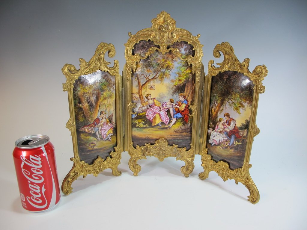 Large 19th C French enamel on copper & bronze folding (1 of 7)