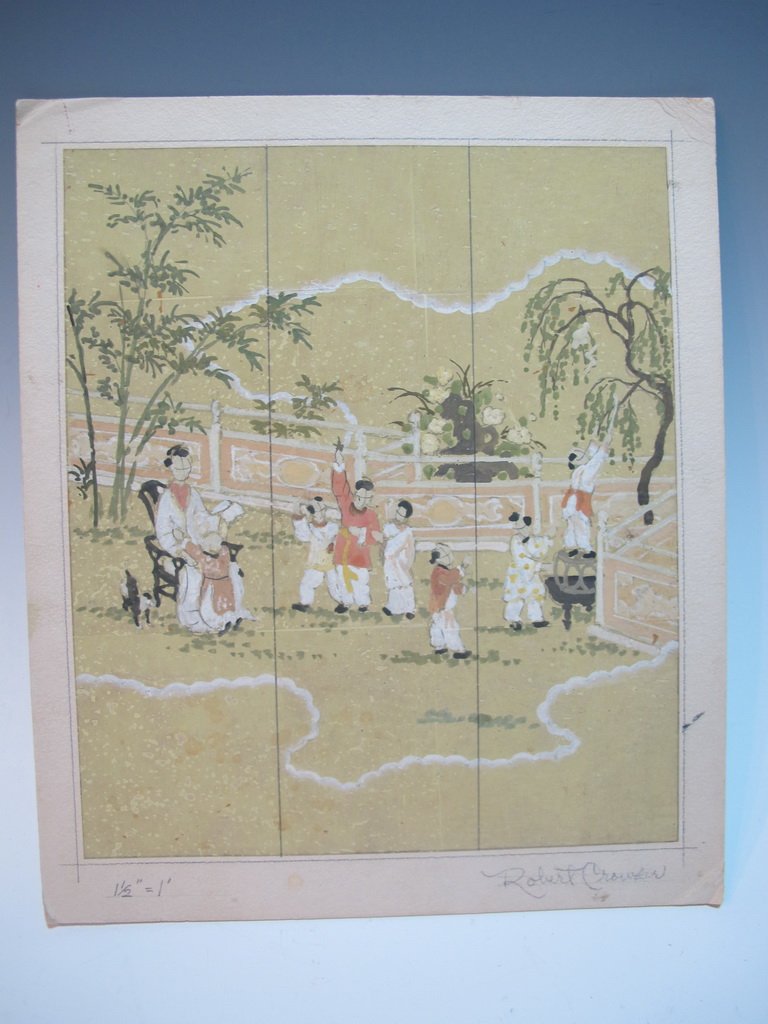 Robert CROWDER (1911-2010) American artist watercolor: Robert CROWDER (1911-2010) American artist watercolor draft for a folding screen. Also known as Vralati and Shoji Kuroda. He was Nihonga artist, a painter and printmaker who diverse styles to reflect