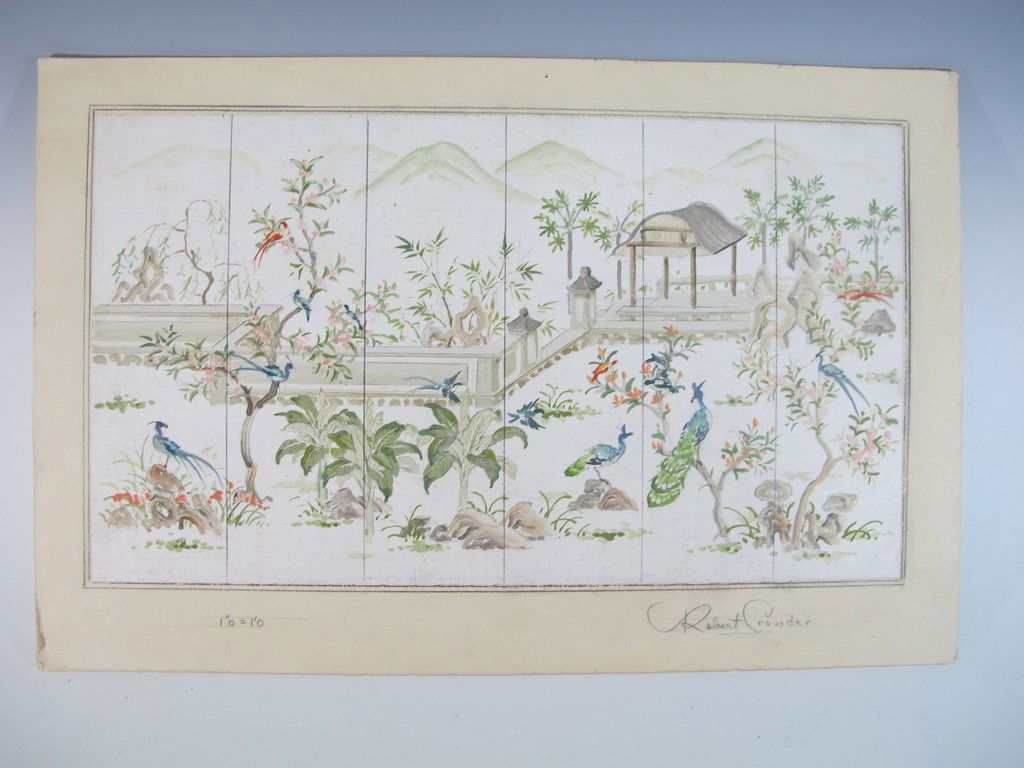 Robert CROWDER (1911-2010) American artist watercolor: Robert CROWDER (1911-2010) American artist watercolor draft for a folding screen. Also known as Vralati and Shoji Kuroda. He was Nihonga artist, a painter and printmaker who diverse styles to reflect