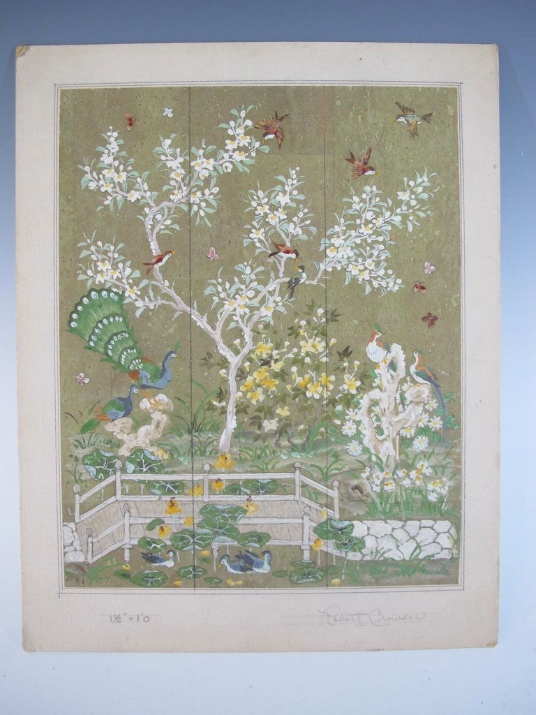 Robert CROWDER (1911-2010) American artist watercolor: Robert CROWDER (1911-2010) American artist watercolor draft for a wall. Also known as Vralati and Shoji Kuroda. He was Nihonga artist, a painter and printmaker who diverse styles to reflect wide cultu