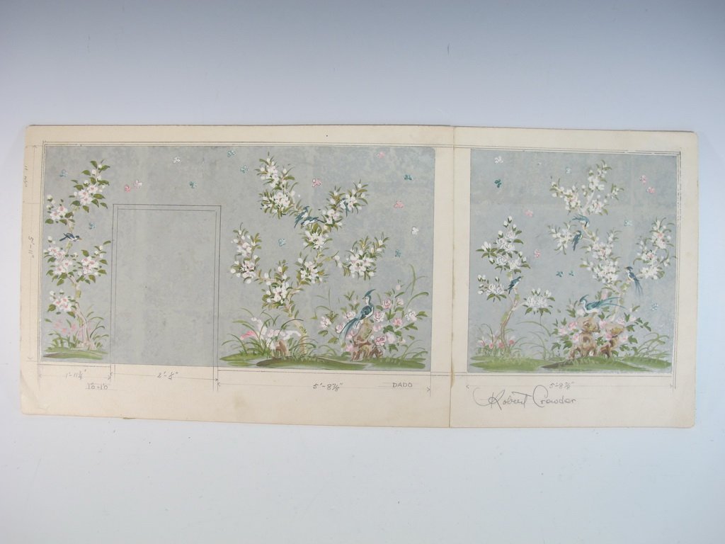 Robert CROWDER (1911-2010) American artist watercolor: Robert CROWDER (1911-2010) American artist watercolor draft for a wall. Also known as Vralati and Shoji Kuroda. He was Nihonga artist, a painter and printmaker who diverse styles to reflect wide cultu