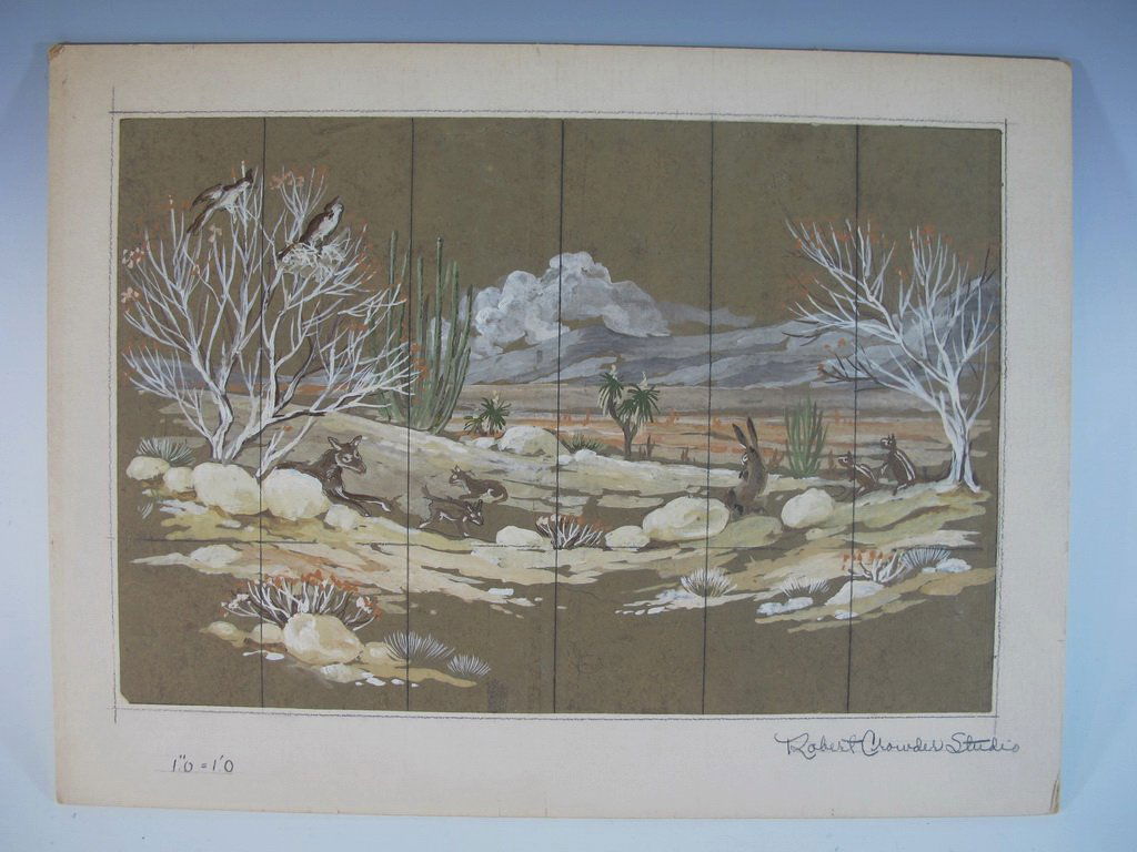 Robert CROWDER (1911-2010) American artist watercolor: Robert CROWDER (1911-2010) American artist watercolor draft for a folding screen. Also known as Vralati and Shoji Kuroda. He was Nihonga artist, a painter and printmaker who diverse styles to reflect