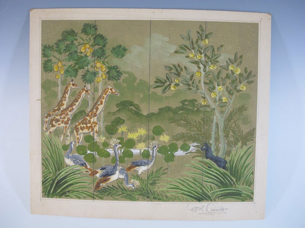 Robert CROWDER (1911-2010) American artist watercolor: Robert CROWDER (1911-2010) American artist watercolor draft for a folding screen. Also known as Vralati and Shoji Kuroda. He was Nihonga artist, a painter and printmaker who diverse styles to reflect