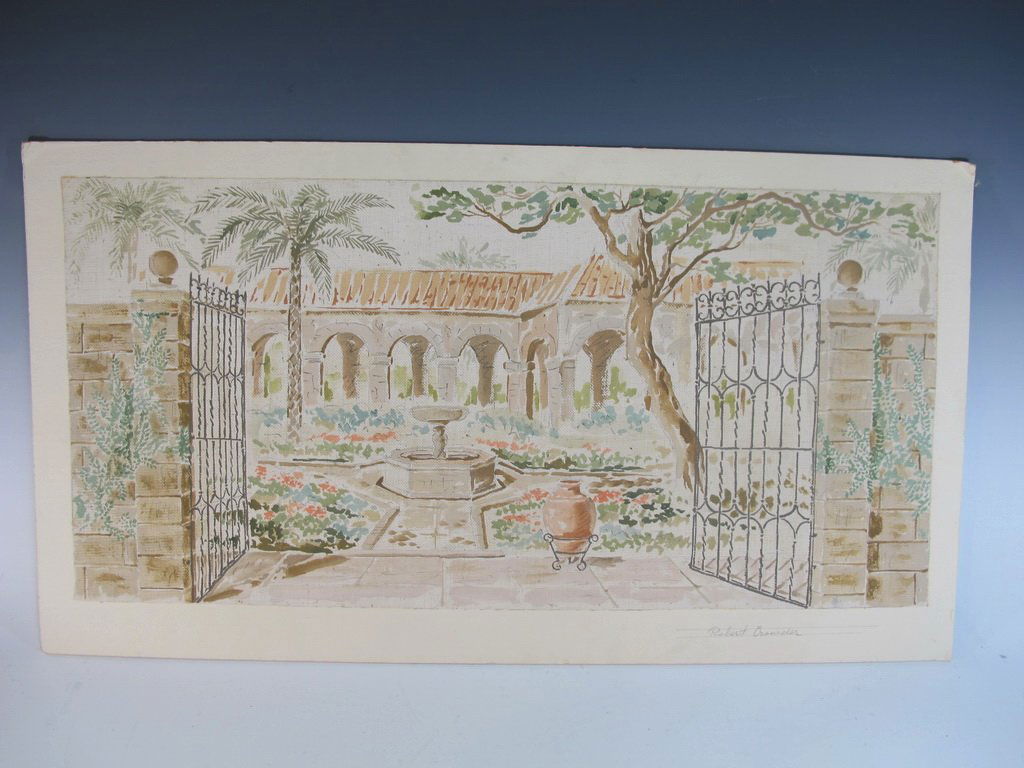 Robert CROWDER (1911-2010) American artist watercolor: Robert CROWDER (1911-2010) American artist watercolor draft for a wall. Also known as Vralati and Shoji Kuroda. He was Nihonga artist, a painter and printmaker who diverse styles to reflect wide cultu