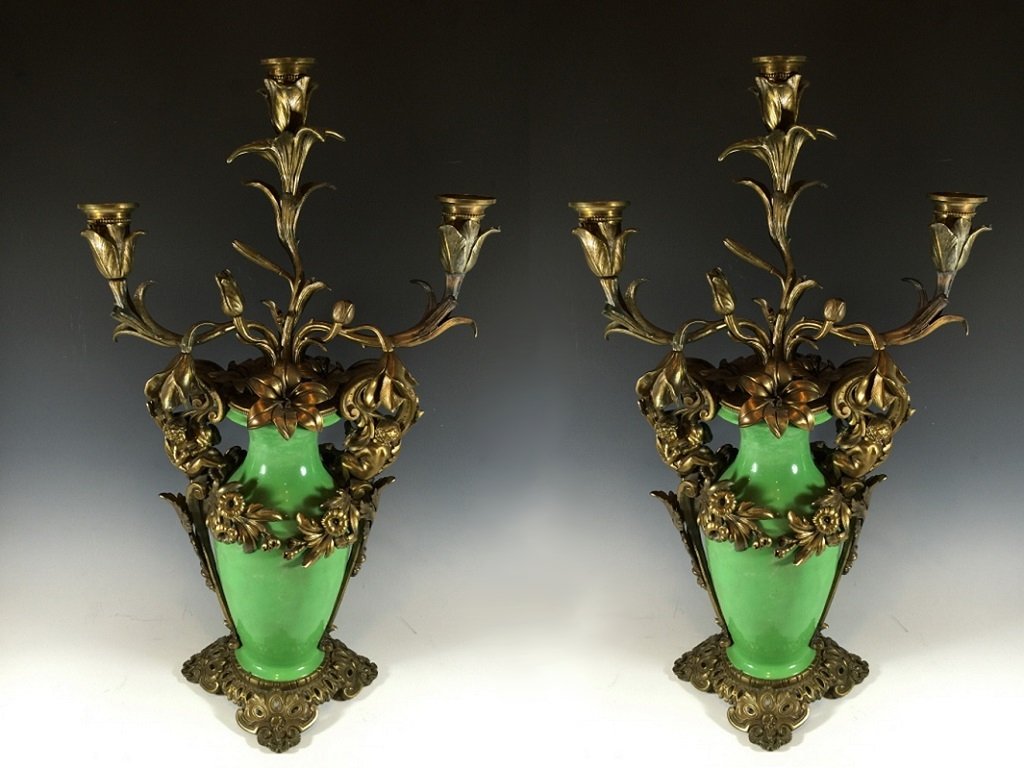 Antique French pair of bronze & porcelain candelabras (1 of 6)