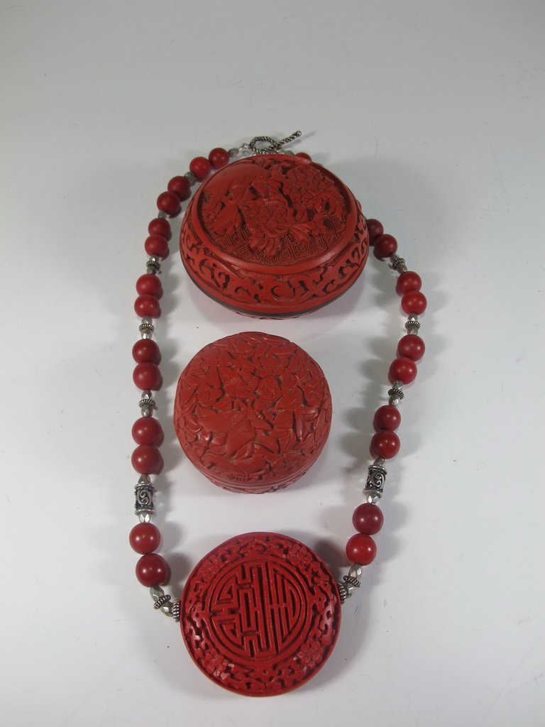 Chinese cinnabar necklace and 2 boxes (1 of 10)